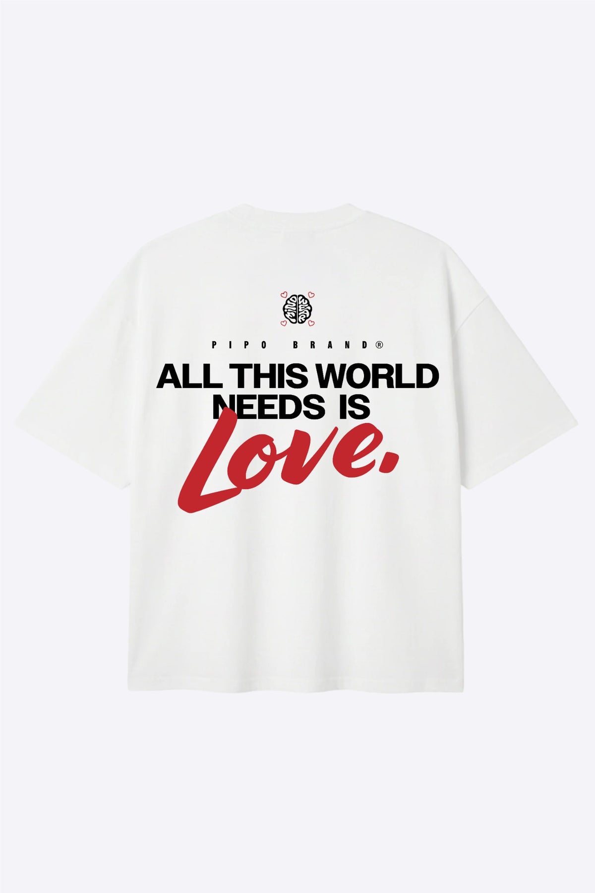 T-shirt Mindwear Authentik Love vu de dos, message ALL THIS WORLD NEEDS IS Love en noir et rouge.