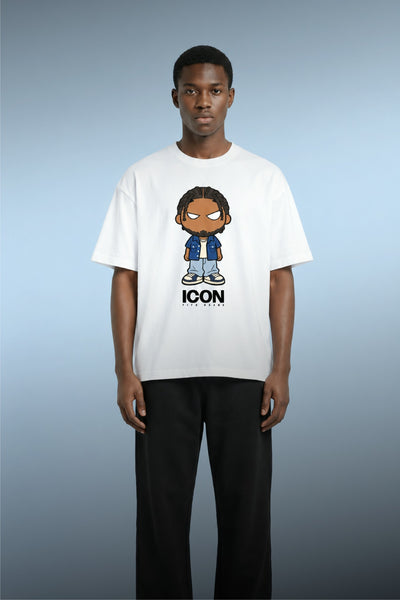 Vue de face du T-shirt blanc Bonhomme Icons Damn Alright porté avec un pantalon noir.