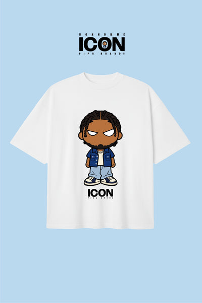 T-shirt blanc Damn Alright vu de face sur fond bleu, personnage Bonhomme et signature ICON.