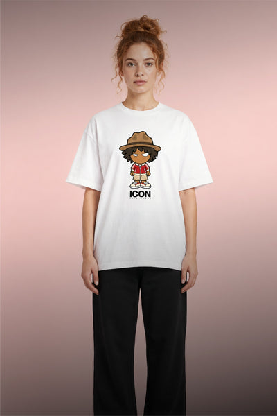 T-shirt blanc Bonhomme Icons Happy by Design : vue de face portée en entier.