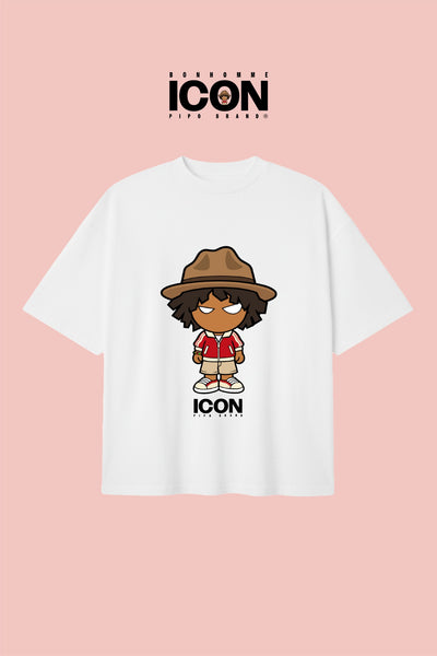T-shirt blanc Bonhomme Icons Happy by Design : T-shirt vu de face sur fond coloré.