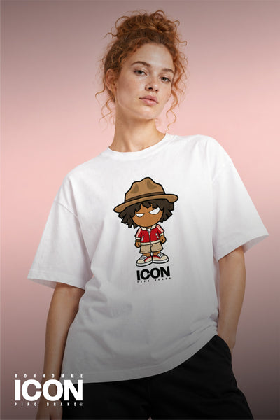 T-shirt blanc Bonhomme Icons Happy by Design : portrait porté de face.