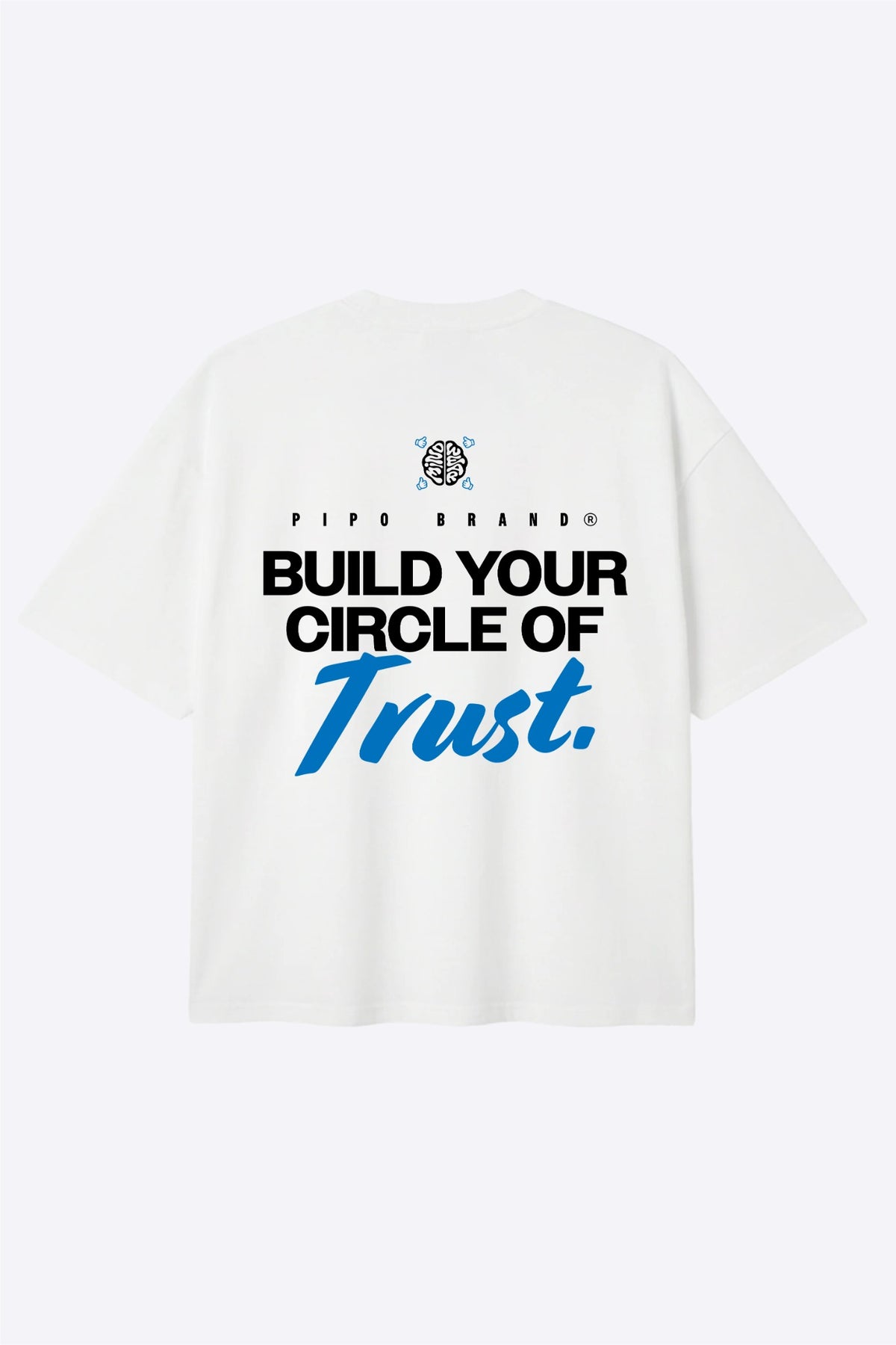 T-shirt Mindwear Circle of Trust vu de dos sur fond clair, message noir et bleu.