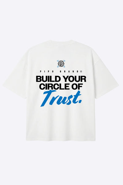 T-shirt Mindwear Circle of Trust vu de dos sur fond clair, message noir et bleu.