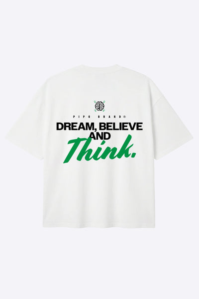 T-shirt Mindwear Dream Believe and Think vu de dos sur fond clair, message noir et vert.
