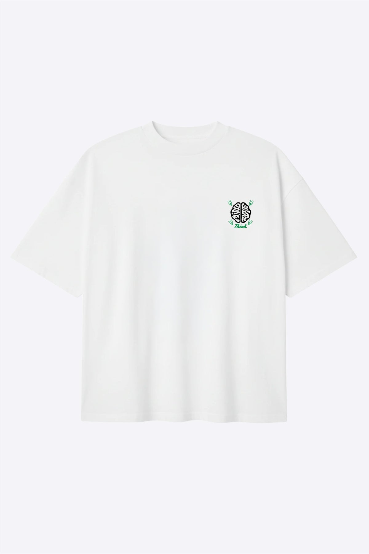 T-shirt Mindwear Dream Believe and Think vu de face sur fond clair, logo cerveau et ampoules vertes.