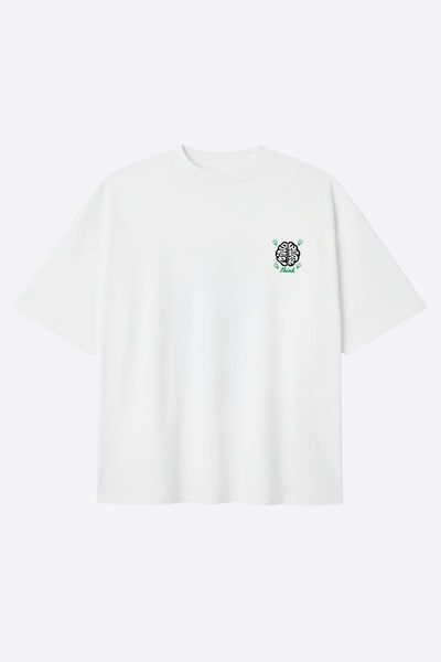 T-shirt Mindwear Dream Believe and Think vu de face sur fond clair, logo cerveau et ampoules vertes.